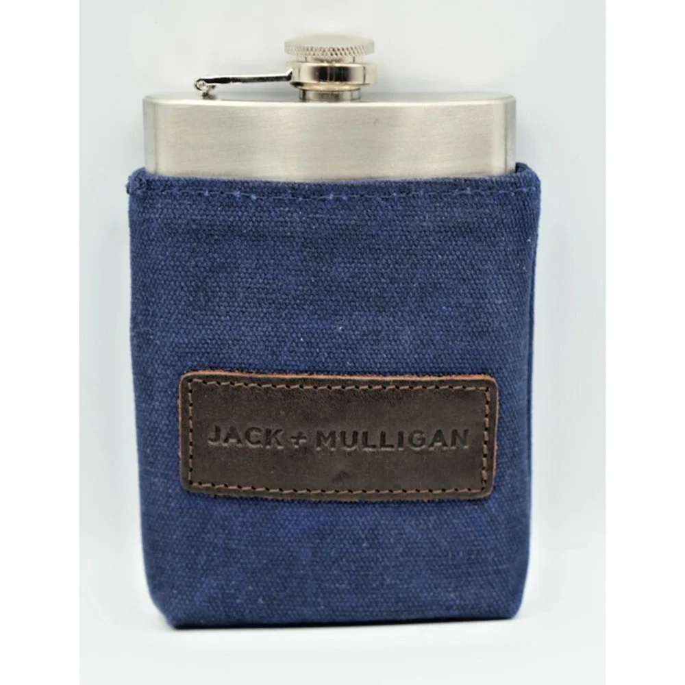 Jack + Mulligan Stainless Steel Hip Flask with Blue Canvas Sleeve –‎ New